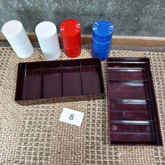 Vtg Poker Chip Set / Roulette Chips w/Maroon Storage Box w/Art Deco Lid [Set #8] - Picture 3 of 11